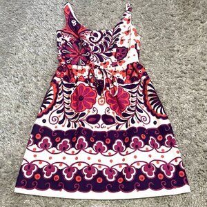 Trina Turk White Purple Floral Sleeveless A-Line Mini Dress Womens 4 Tie Waist